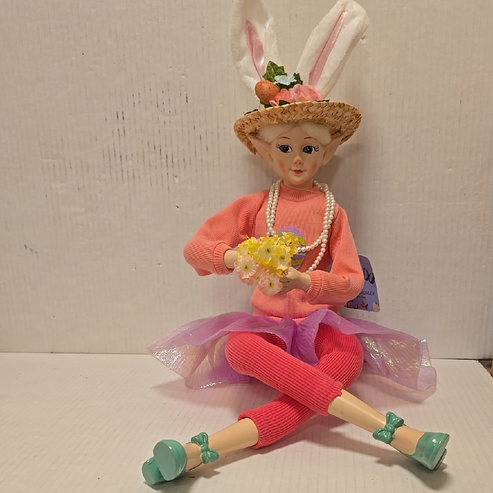 NWT Large Cynthia Rowley Easter Elf with Straw Hat and Pink Outfit